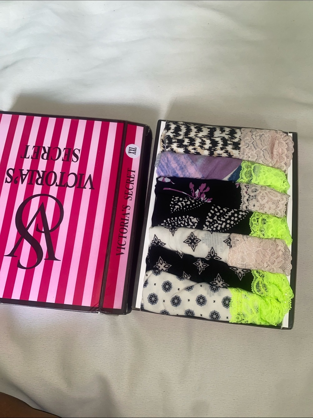 Victoria's Secret Lace Trim Thong Panty Set - Black, White, Pink & Neon Green